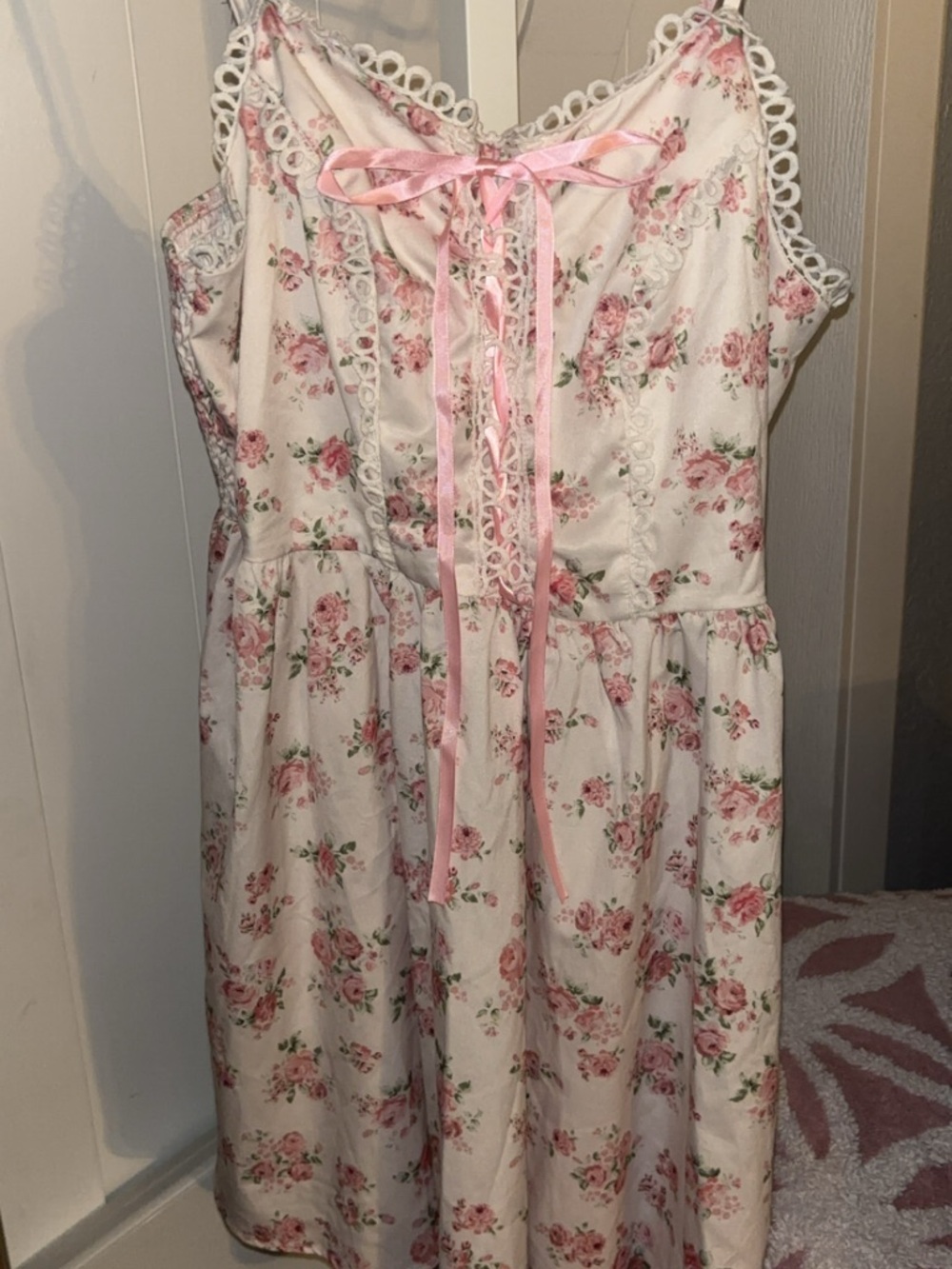 Pink Floral Coquette Style Lace-Trim Sundress